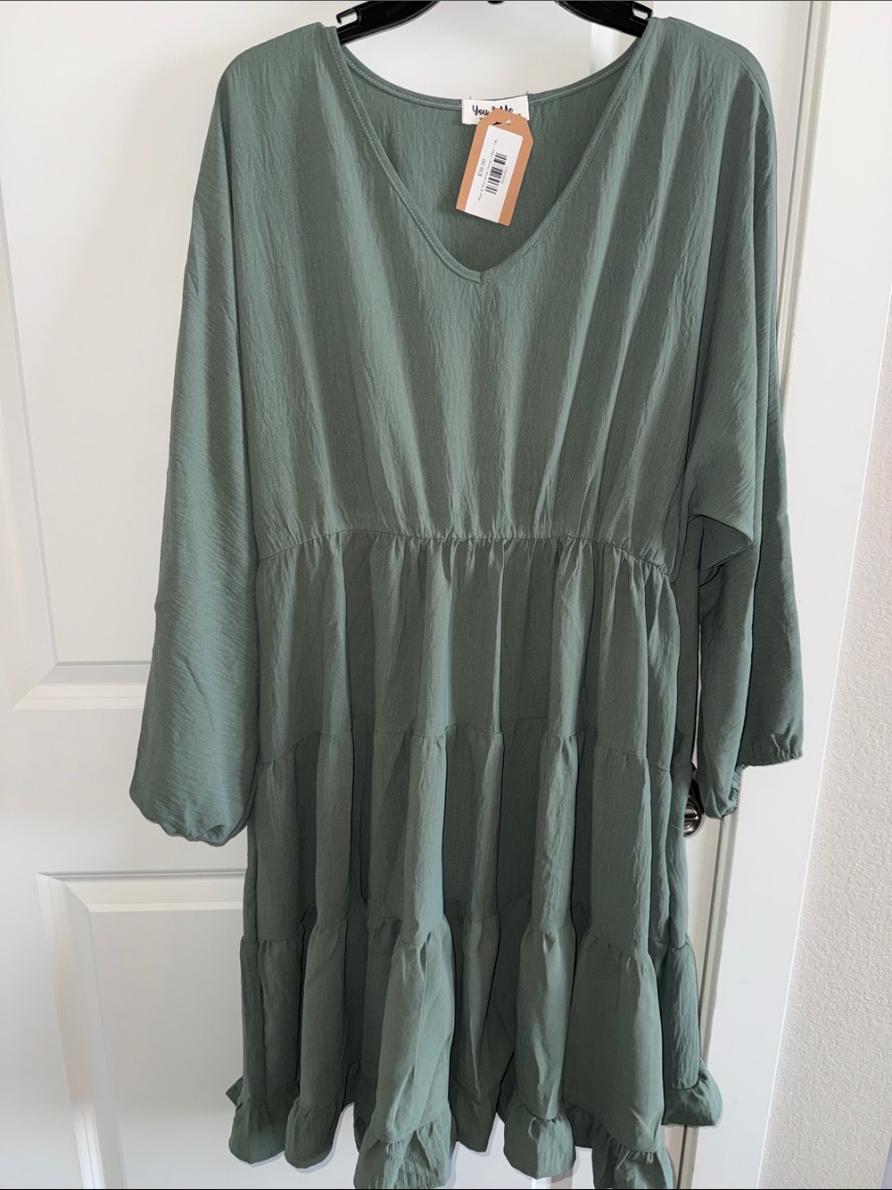 Tiered Midi Dress in Sage Green - Women's V-Neck